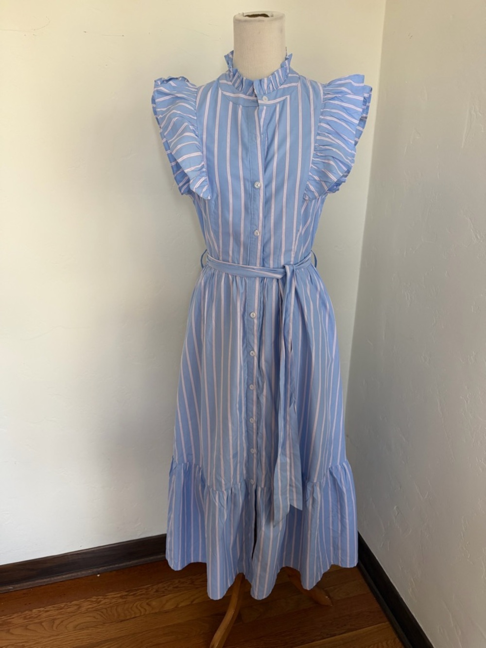 entro Blue and White Striped Ruffle Sleeve Shirt Dress